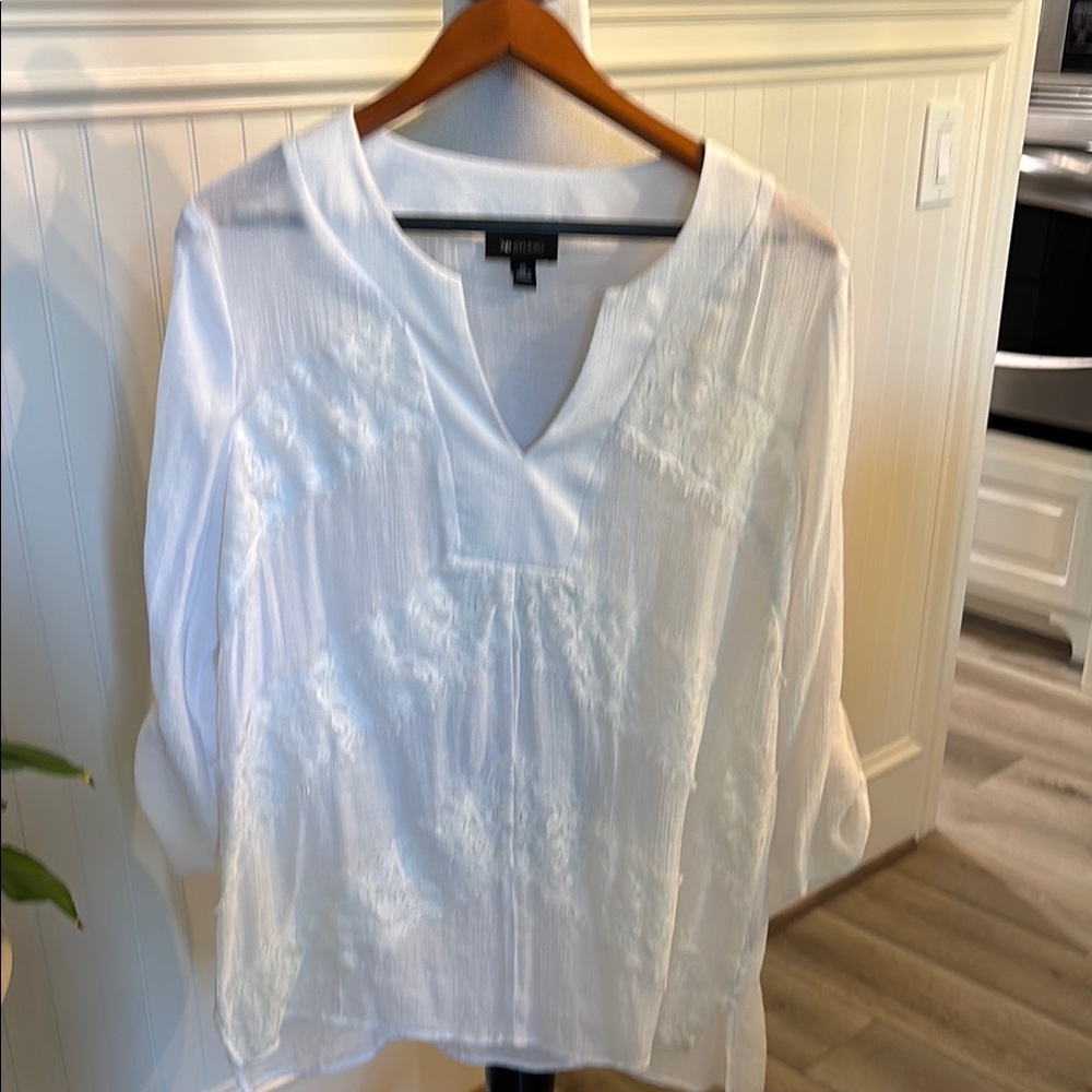 AB Studio White Pleated Mandarin Collar Blouse